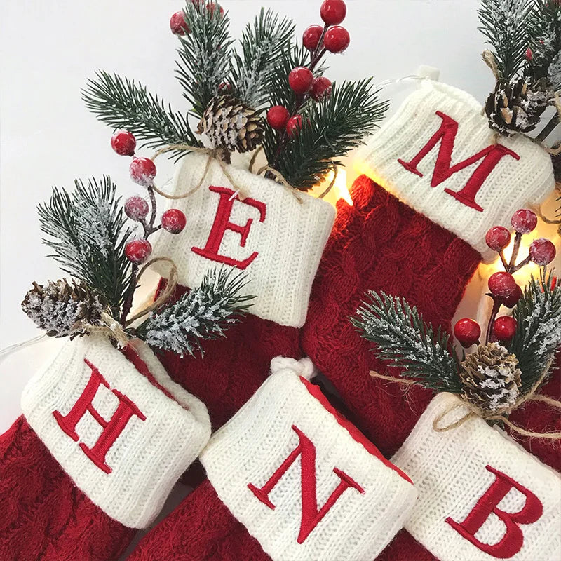 Christmas Socks Letters New Knitting Christmas Stocking Tree Pendant Decorations For Home Xmas Gift Snowflake Alphabet